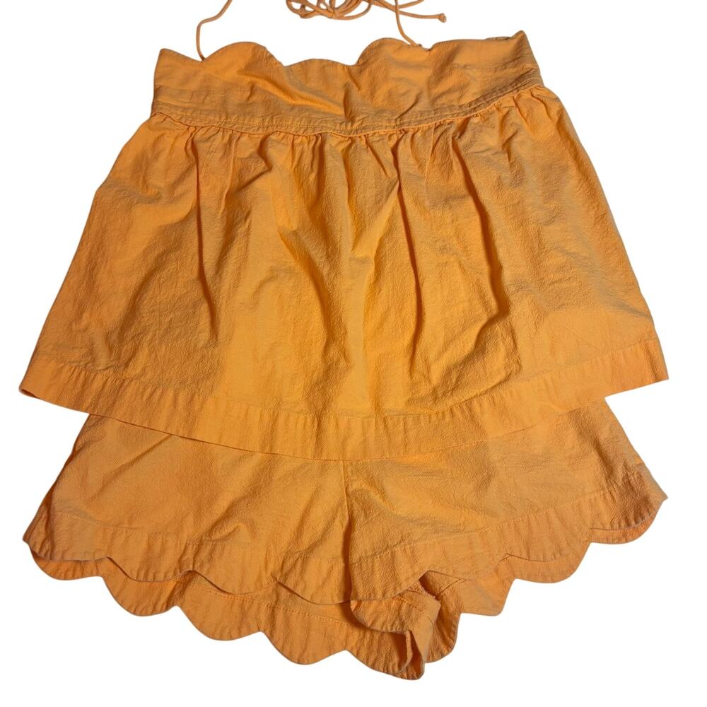 Free People 2 Piece Set Peach Cotton Crop Top Shorts Scallop Hem Boho M